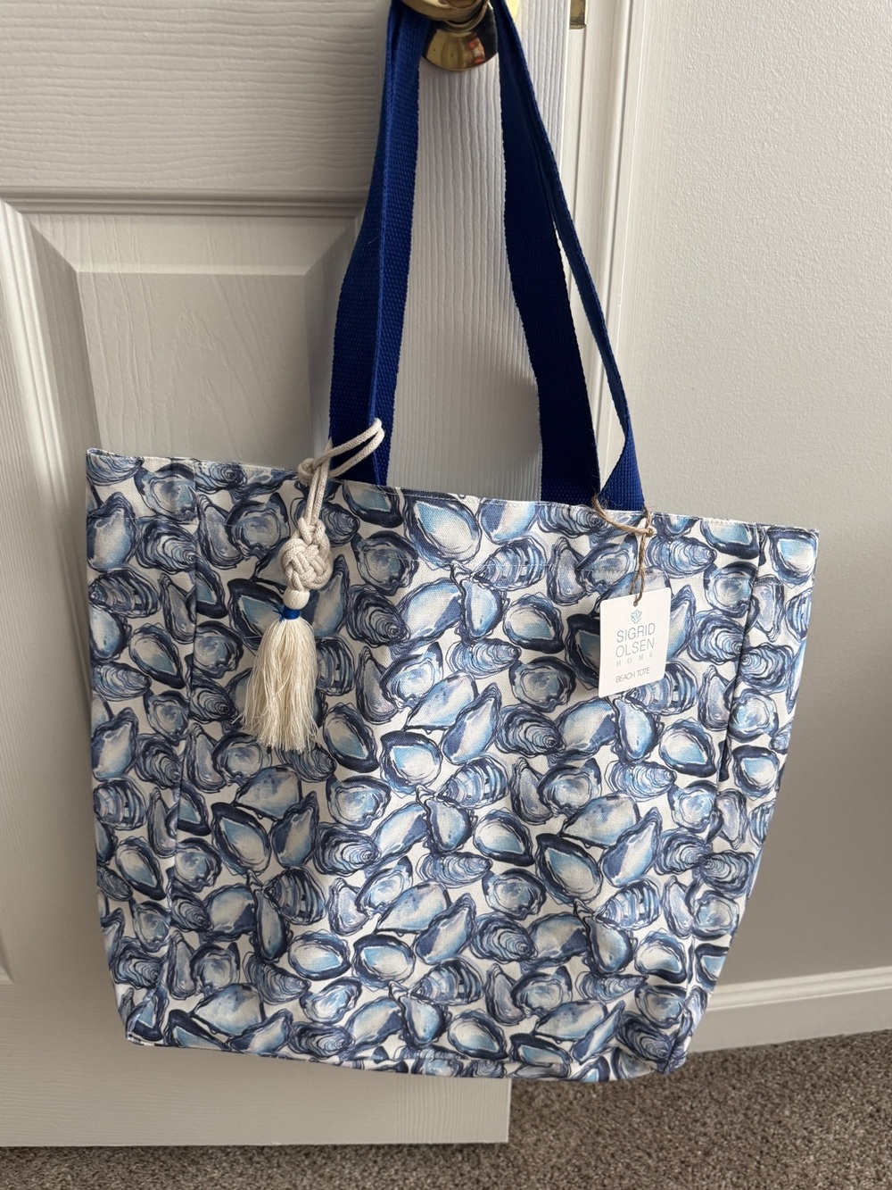 Sigrid Olsen Blue and White Oyster-Print Canvas Tote with Navy Straps